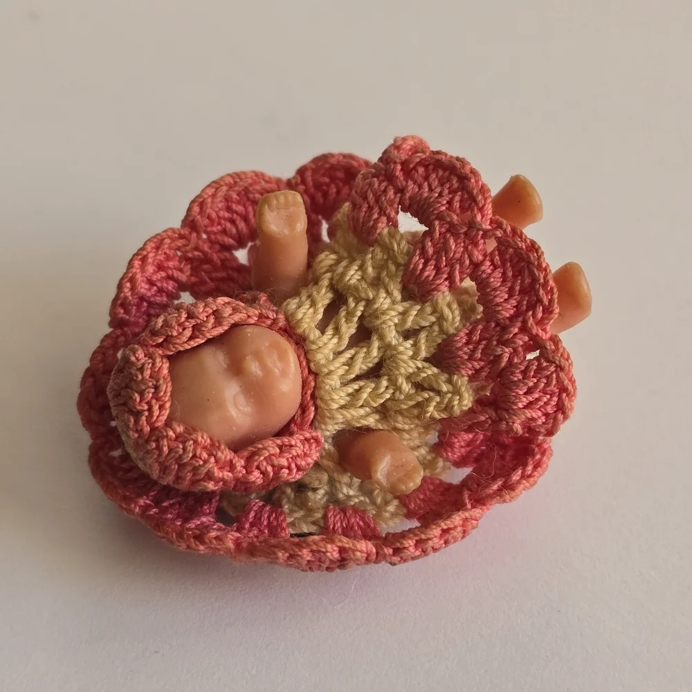 Vintage brooch baby doll with crochet dress and diaper dollhouse pin mini